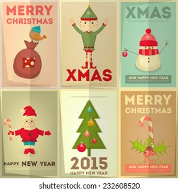 Merry Christmas Greeting Poster Set with Cartoon Cute Santa Claus, Christmas Elf and Snowman. Vector Illustration.