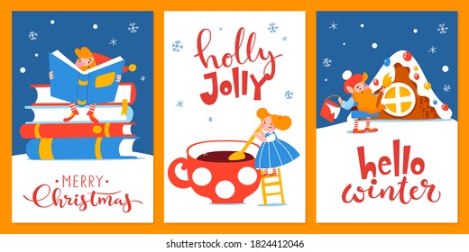 Merry Christmas greeting posters with cute cartoon gnomes being in hygge lifestyle and  doing activities. New Year symbol activities. 