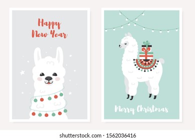 Merry Christmas greeting posters set. Cute Llama with gift boxes and festive decoration. Vector illustration.