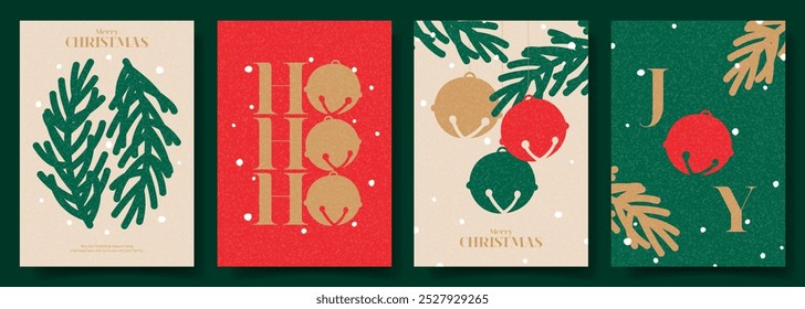 Merry Christmas greeting posters. Trendy vector illustration with Christmas fir tree branches, jingle bells, snow and typography design. Minimalist New Year flyers for ads, cover, social media.