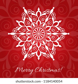 Merry Christmas greeting red background with lacy snowflake.
