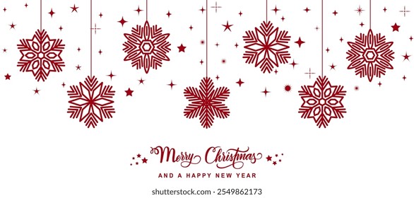 Merry christmas greeting red banner with hanging snowflakes and stars around