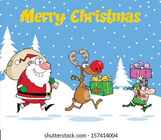 Merry Christmas Greeting With Reindeer, Elf  And Santa Claus Carrying Christmas Presents