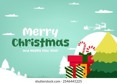Merry Christmas Greeting with Reindeer, Santa, Gifts, and Tree - Modern Flat Design