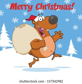 Merry Christmas Greeting With Santa Bear Running With Bag And Waving