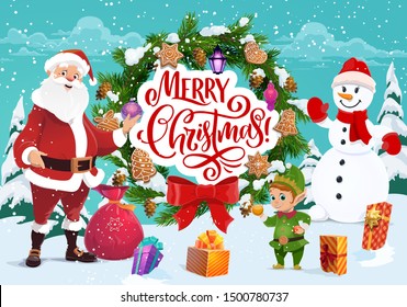 Merry Christmas greeting, Santa Claus and snowman, elf helper. Vector fir or spruce branches with cone, bow and gingerbread cookie, lantern. Presents sack and gift boxes, Xmas tree decorations