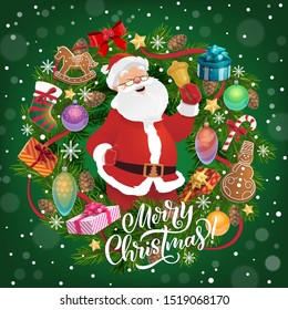 Merry Christmas greeting, Santa Claus with bell. Vector fir branches and gingerbread cookies, gift boxes or presents, cones and snowflakes, candies and socks, holly plant, winter holiday celebration