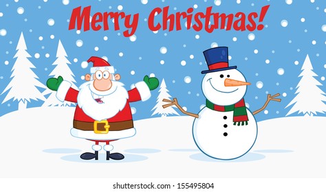 Merry Christmas Greeting With Santa Claus And Snowman