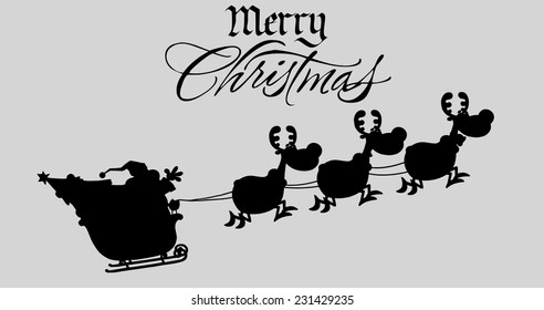 Merry Christmas Greeting With Santa Claus In Flight With His Reindeer And Sleigh Silhouettes. Vector Illustration Isolated On Gray Background