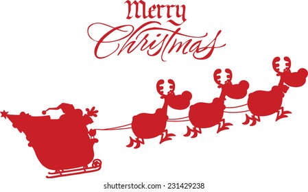 Merry Christmas Greeting With Santa Claus In Flight With His Reindeer And Sleigh Silhouettes. Vector Illustration Isolated On White Background