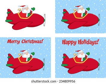 Merry Christmas Greeting With Santa Claus Flying A Plane And Waving. Vector Collection Set