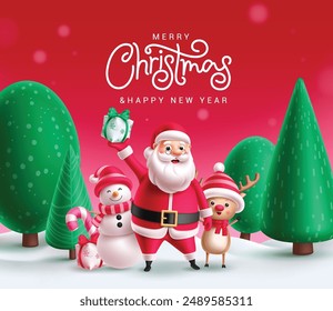 Merry christmas greeting santa claus vector design. Christmas santa claus, snowman and reindeer characters with pine tree in snow winter season background. Vector illustration xmas and new year 