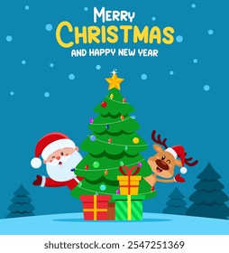 Merry Christmas Greeting With Santa Claus And Reindeer Cartoon Characters. Vector Illustration Flat Design With Landscape Background
