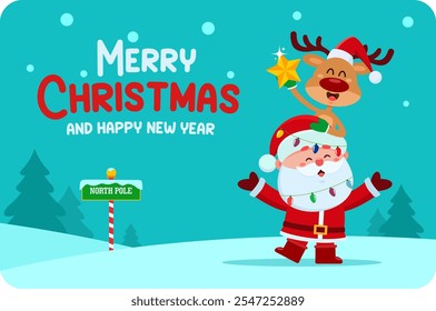Merry Christmas Greeting With Santa Claus And Reindeer Cartoon Characters. Vector Illustration Flat Design With Landscape Background