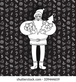Merry Christmas greeting with Santa Claus or Father Frost with gift and fir in hands. Vector