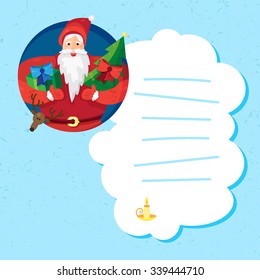 Merry Christmas greeting with Santa Claus or Father Frost with gift and fir in hands and cheerful deer. Vector Christmas template. Christmas card. Christmas banner. Christmas print