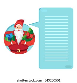 Merry Christmas greeting with Santa Claus or Father Frost with gift and fir in hands. Wish list. Template or blank with holiday concept. Vector