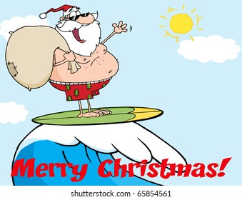 Merry Christmas Greeting With Santa Claus Carrying His Sack While Surfing