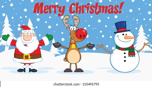 Merry Christmas Greeting With Santa Claus,Reindeer And Snowman