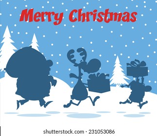 Merry Christmas Greeting With Santa Claus,Reindeer And Elf Silhouettes. Vector Illustration 