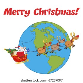 Merry Christmas Greeting With Santa And Reindeer Flying Over Earth