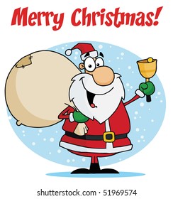 Merry Christmas Greeting With Santa Ringing A Bell