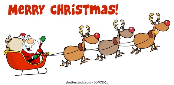 Merry Christmas Greeting With Santa Sleigh And Reindeer