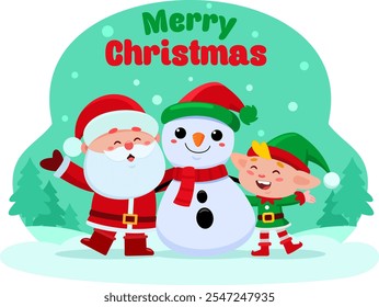 Merry Christmas Greeting With Santa, Snowman And Elf. Vector Illustration Flat Design With Landscape Background