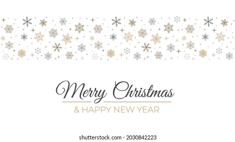 Merry Christmas greeting seamless ornament with snowflakes. Gold, black and white Christmas border design. Flat style vector illustration. Happy New year background for greeting card, banner, sale etc