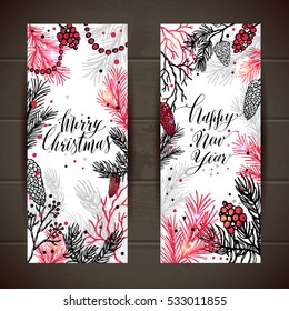 Merry Christmas greeting set of banners with new years tree and calligraphic sigh Happy New Year ann Merry Christmas on wooden texture. Vector holiday illustration.