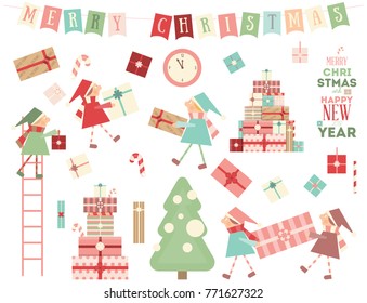 Merry Christmas Greeting Set - Christmas Gnomes Bringing Gifts and other Noel Objects. Isolated on White Background. Vector Illustration.