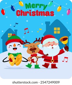 Merry Christmas Greeting With Snowman, Reindeer And Santa Claus. Vector Illustration Flat Design With Landscape Background