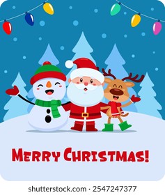 Merry Christmas Greeting With Snowman, Santa Claus And Reindeer. Vector Illustration Flat Design With Landscape Background