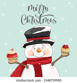 Merry Christmas greeting with Snowman and sweets Vector illustration.  Winter holiday card with calligraphic and hand-drawn design elements.