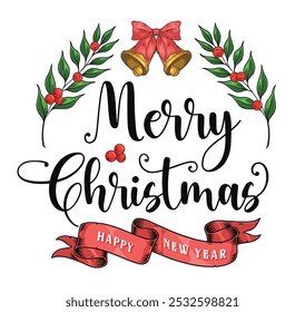 Merry Christmas greeting sticker colorful with bell and red ribbon with wish for happy New Year holidays vector illustration