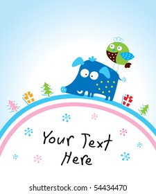 merry christmas greeting tag of boar and bird