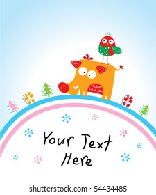 merry christmas greeting tag of boar and bird