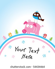 merry christmas greeting tag of piggy and bird