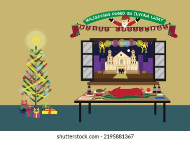 Merry Christmas Greeting with tagalog translation as decoration over a dinner table for Christmas time. Editable Clip art.