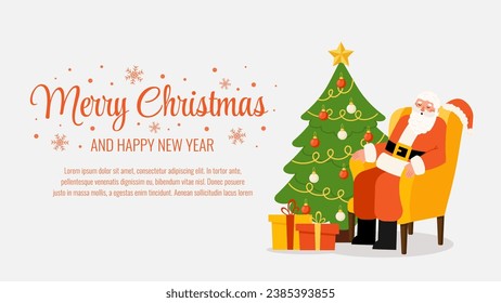 Merry Christmas greeting template banner with Santa Claus, Fir Tree, presents. Old man sleep close eyes sitting in armchair. Vector holiday background