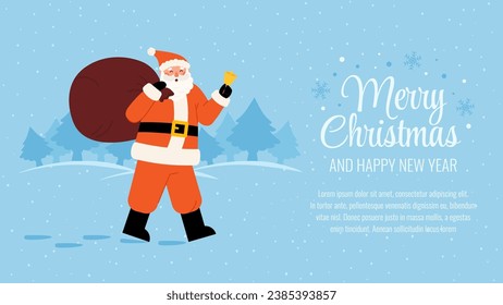 Merry Christmas greeting template banner with Santa Claus. Happy old man carry big sack of gifts on shoulder. Vector holiday background