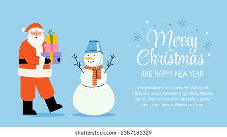 Merry Christmas greeting template banner with happy Santa Claus, Snowman. Smiling old man carries gifts in hands. Vector holiday background