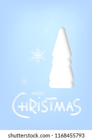 Merry Christmas greeting template. Brush handwritten lettering with  decotated papercut tree. Creative text with decoration for holiday design.  Element for  social media. Vector illustration.