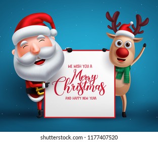 Merry christmas greeting template with santa claus and reindeer vector characters holding empty white board for christmas list in blue background. Vector illustration.
