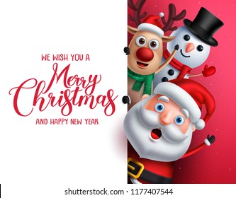 Merry christmas greeting template with santa claus, snowman and reindeer vector characters singing while holding empty white space for christmas wish list in red background.
