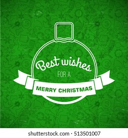 Merry Christmas greeting template with text bauble ribbon on green background and icons pattern vector illustration