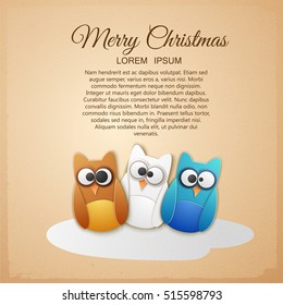 Merry Christmas greeting template with text cute colorful owls and snow isolated vector illustration