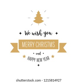 Merry christmas greeting text banner ornaments tree gold white background