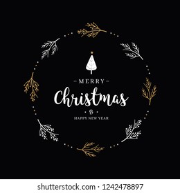 Merry Christmas greeting text branch circle black background 