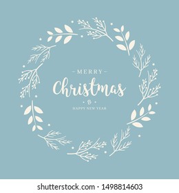 Merry Christmas greeting text branch wreath circle blue background 